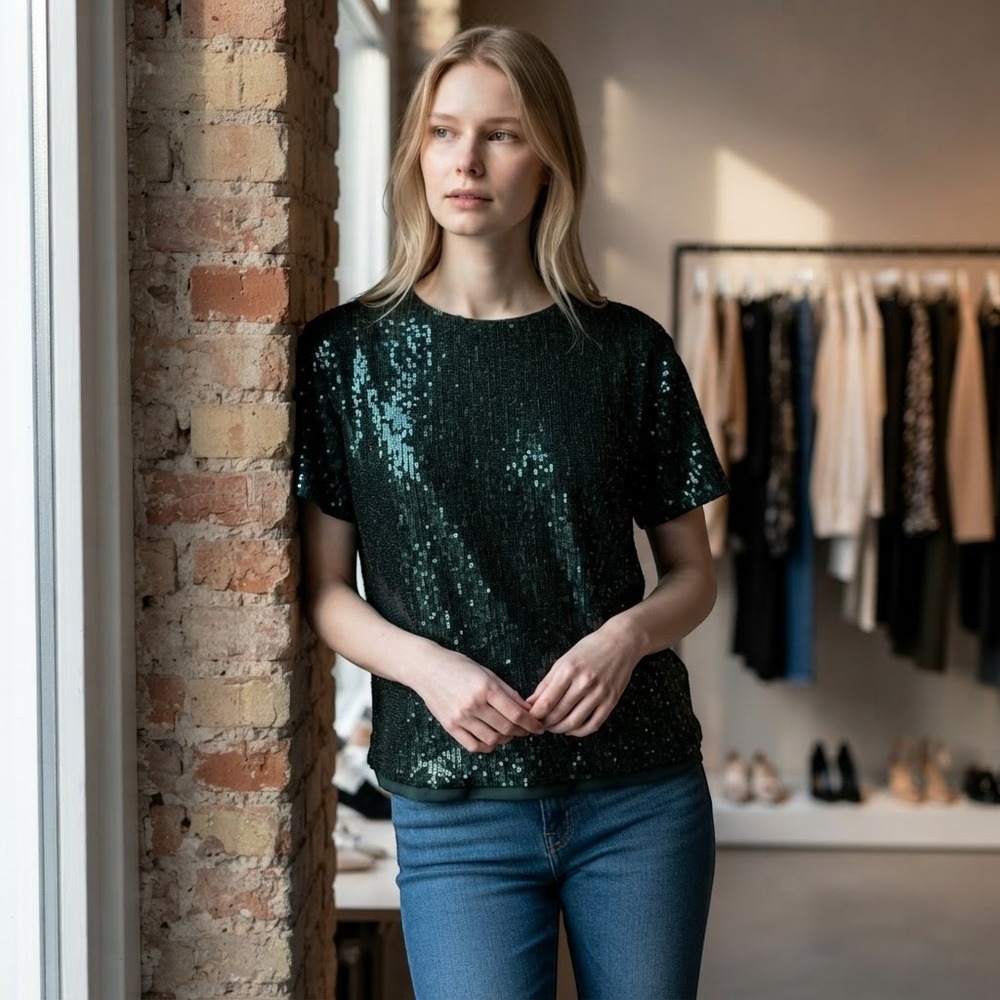 Forrest Green All Over Sequin Short Sleeve Party Top | M | Party Shirt Going Out